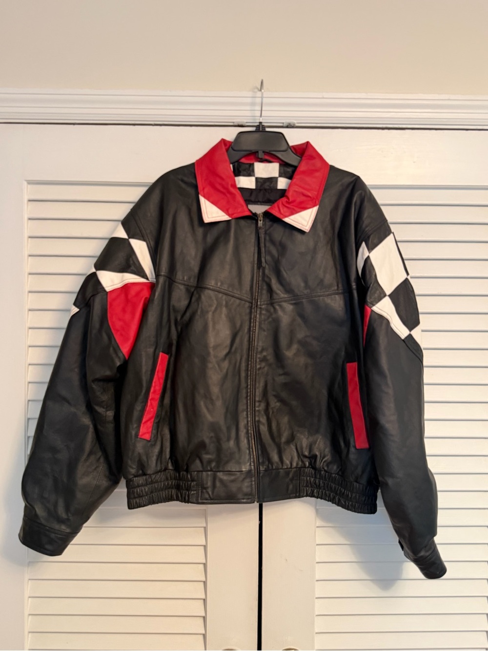 Black Leather Performance Jacket with Red & White Racing Accents